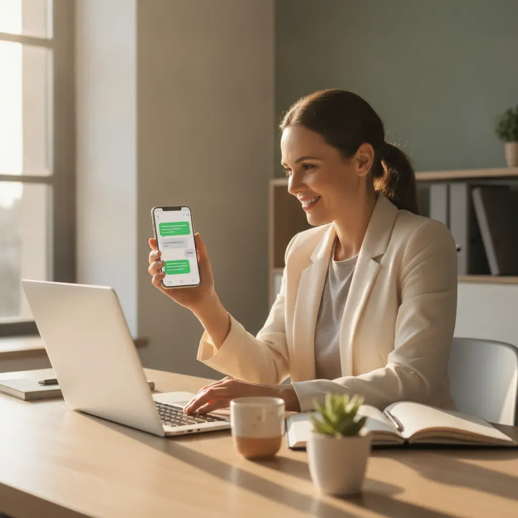 Empresário em escritório respondendo WhatsApp no celular com interface de automação com IA visível na tela