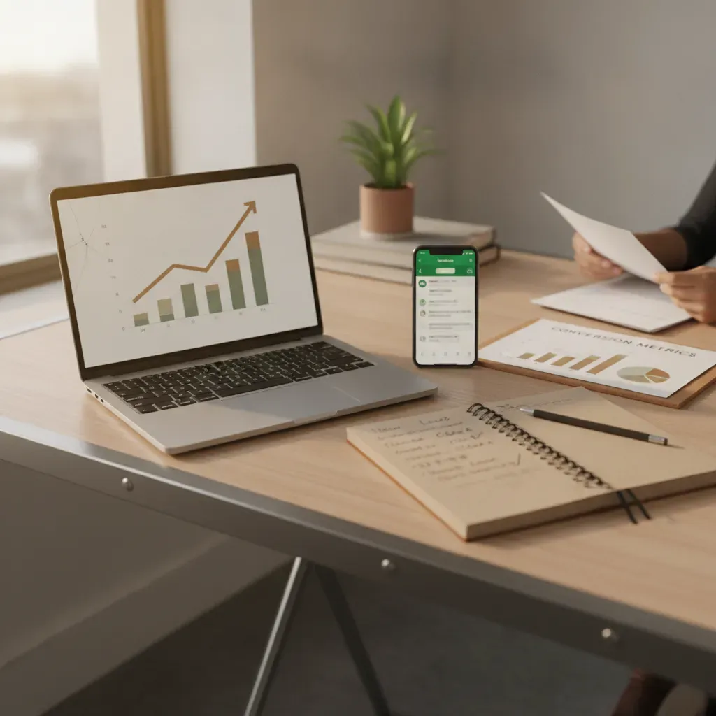 Dono de empresa analisando dados de vendas no computador com WhatsApp aberto no celular ao lado