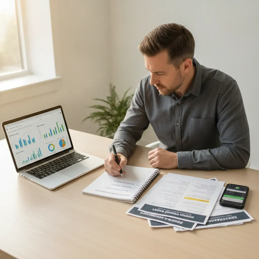 Empresário analisando propostas de agências de tráfego pago na mesa com laptop, documentos e checklist