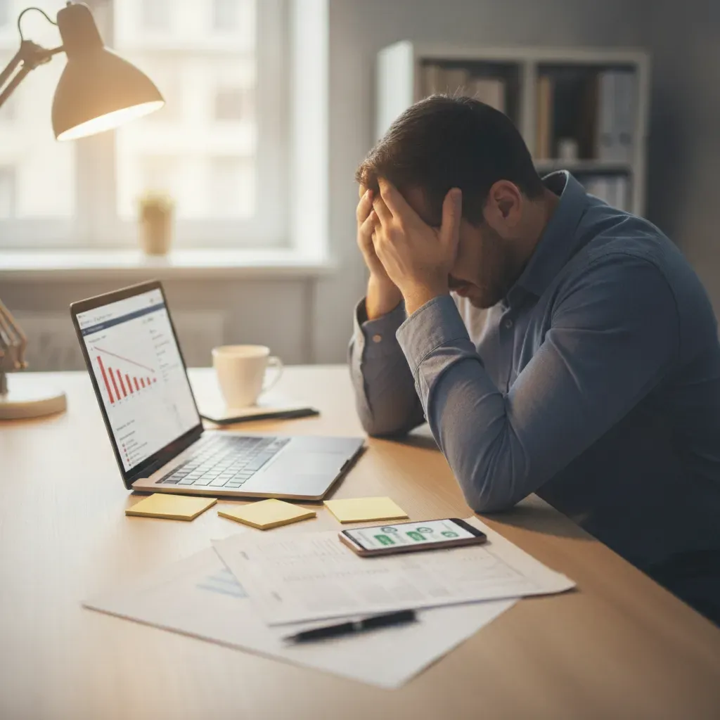 Empresário frustrado analisando gráfico de conversão em queda no computador, rodeado de anotações de leads perdidos