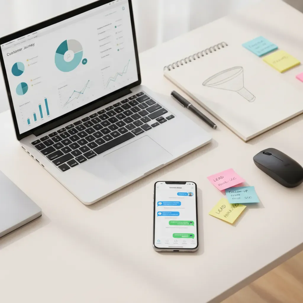 Smartphone mostrando conversa no WhatsApp ao lado de laptop com dashboard de vendas em mesa de trabalho moderna