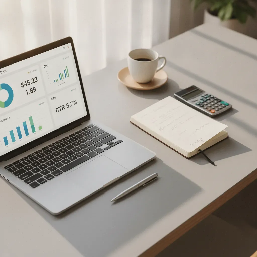 Ambiente de trabalho com notebook mostrando dashboard de métricas, calculadora e anotações sobre CPL em mesa clara com luz natural