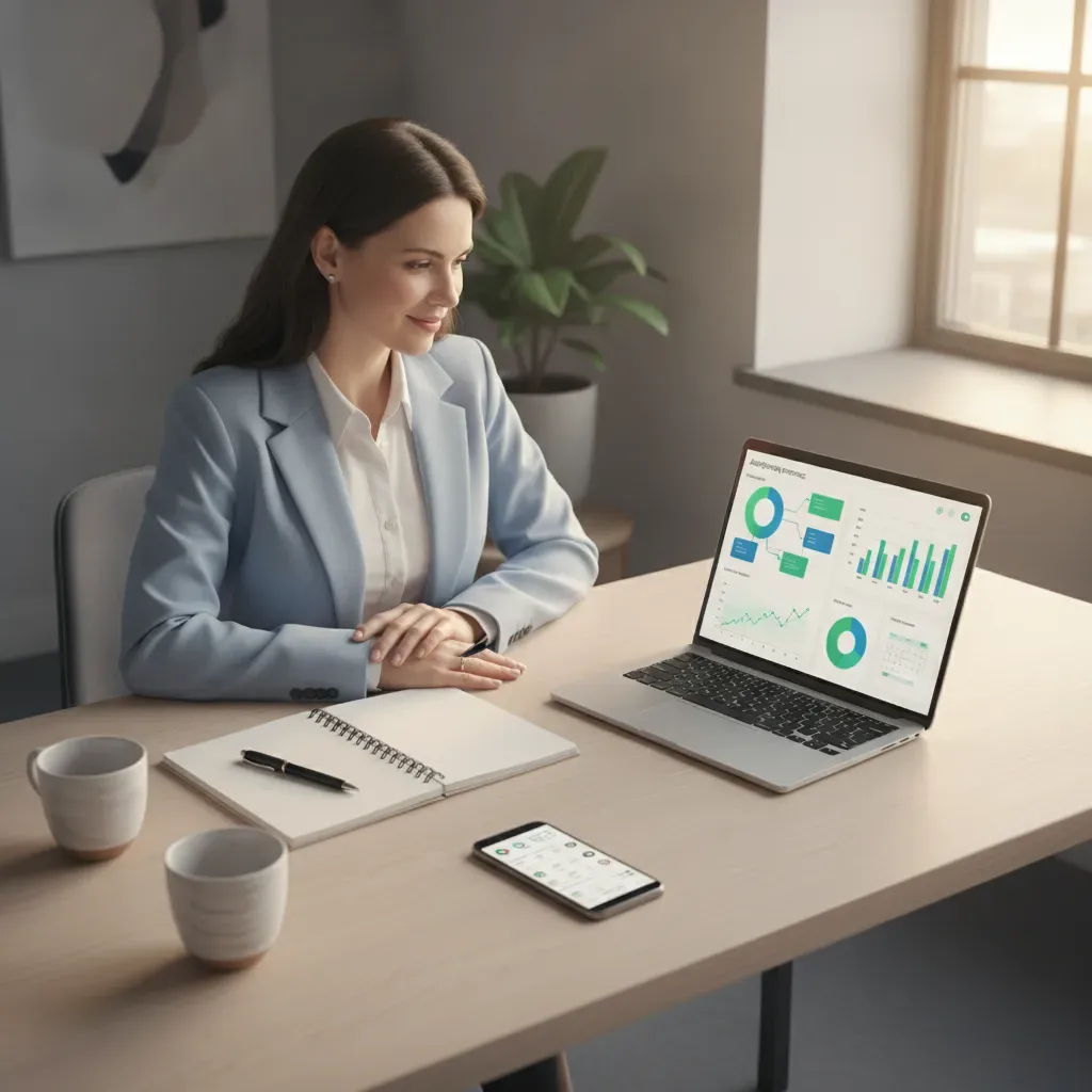Dono de empresa analisando dashboard de tráfego pago no computador, com gráficos e métricas em tela