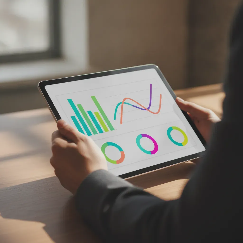 Tablet exibindo dashboard de vendas com gráficos de métricas em azul e verde, funil de conversão e indicadores de ROI sobre mesa branca com luz natural