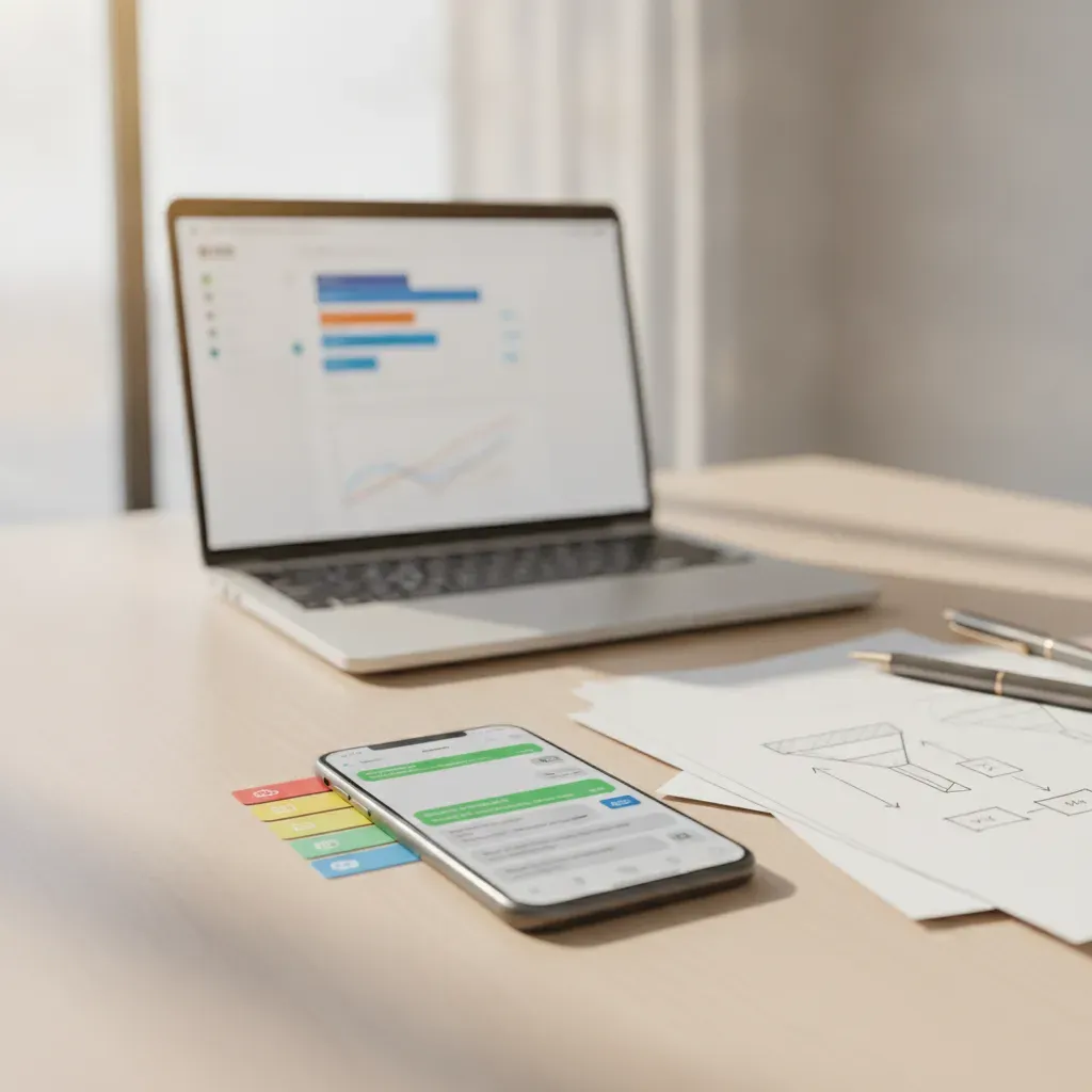 Smartphone com interface do WhatsApp mostrando etiquetas coloridas, ao lado de laptop com painel CRM, sobre mesa de trabalho limpa