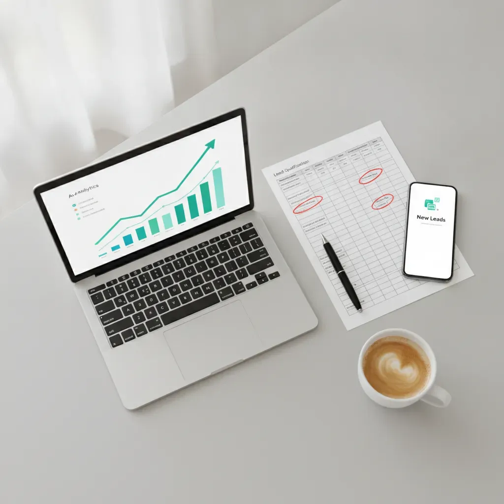 Dashboard de análise de leads com gráficos de crescimento, planilha de critérios de qualificação e smartphone sobre mesa de trabalho
