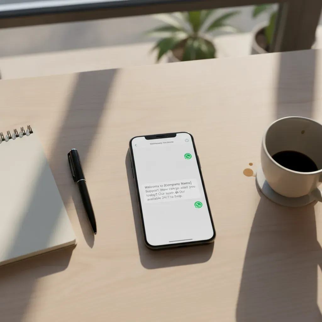 Smartphone exibindo conversa no WhatsApp com mensagem profissional de atendimento sobre mesa com caderno e café