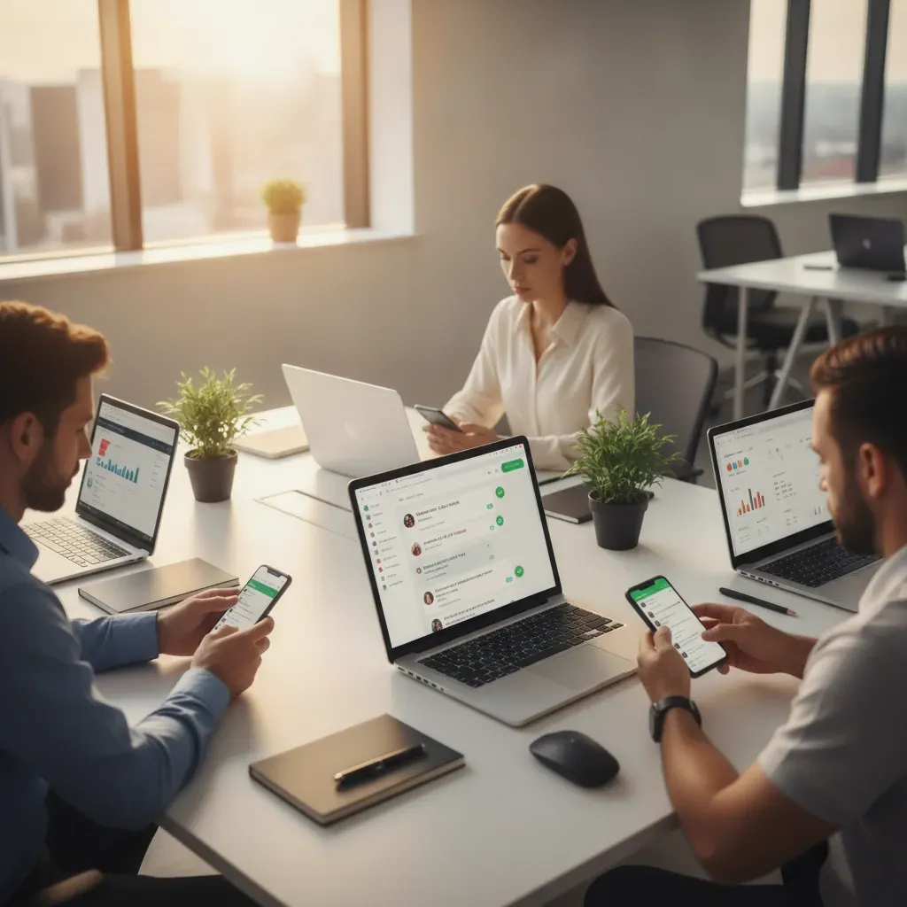 Equipe de atendimento usando multiatendimento no WhatsApp com vários atendentes no mesmo número, laptops com CRM e histórico compartilhado visível nas telas