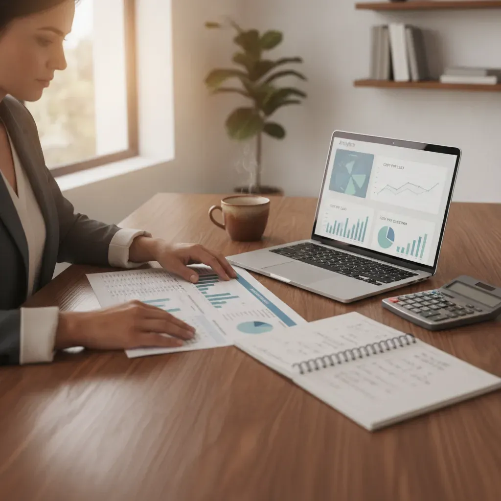 Dono de empresa analisando métricas de tráfego pago em planilha e dashboard no computador, com anotações sobre custo por lead