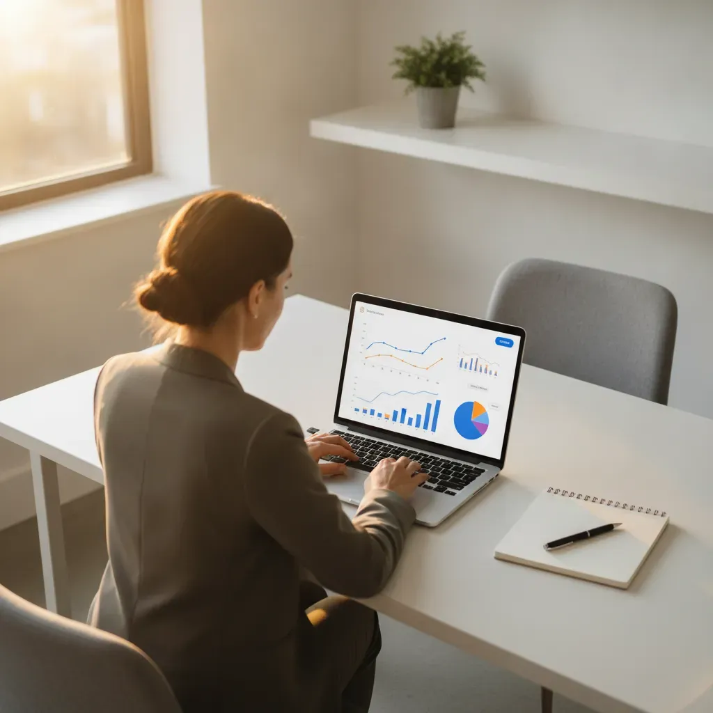 Empresário analisando métricas de anúncios do Instagram em laptop em mesa de trabalho moderna