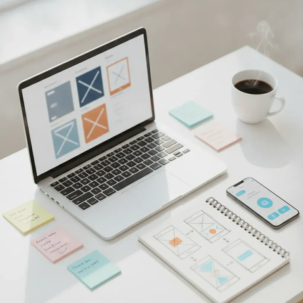 Laptop com mockups de app em tela, anotações de funcionalidades e smartphone ao lado em mesa de trabalho