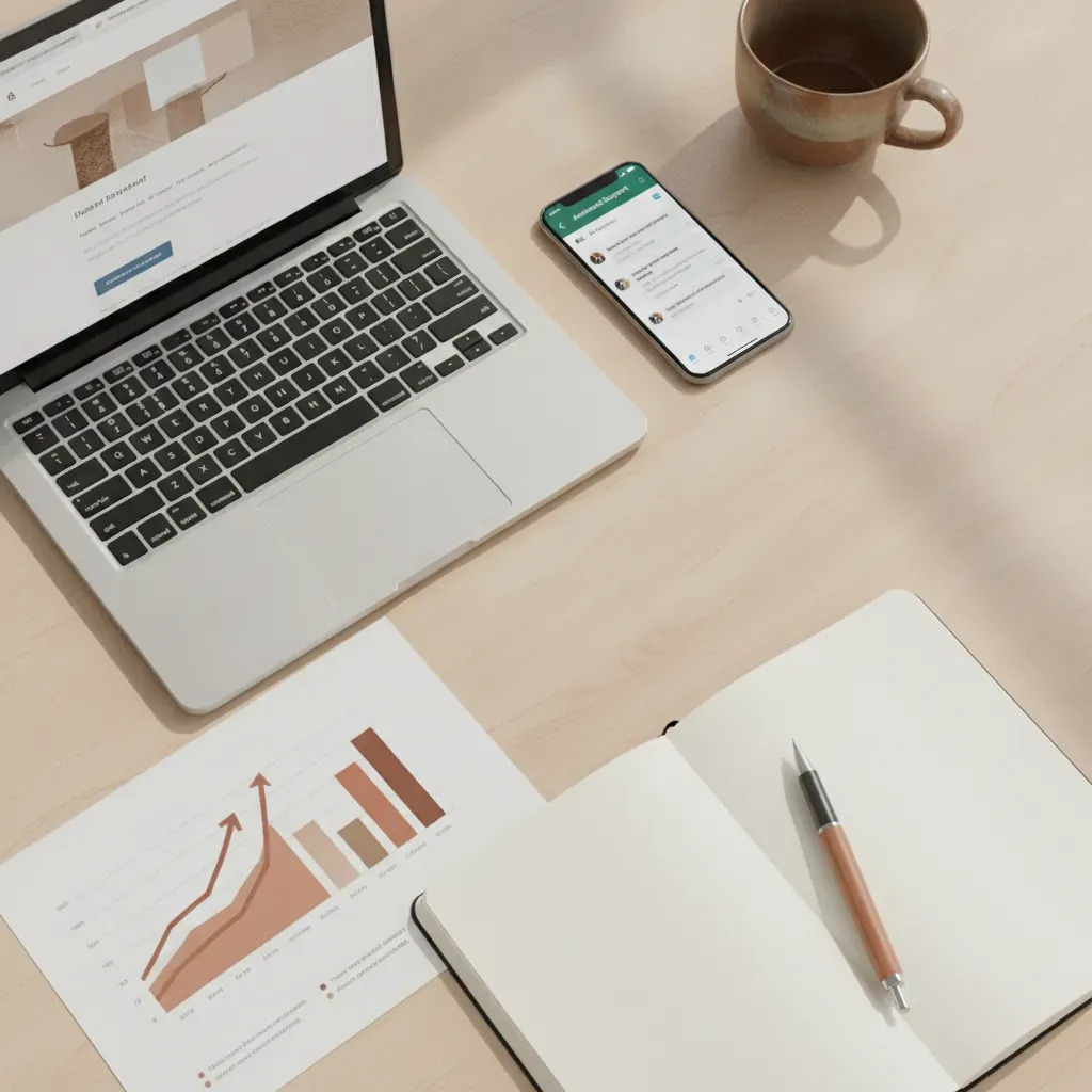 Laptop em mesa de trabalho mostrando site profissional, ao lado smartphone com WhatsApp e dashboard de métricas de conversão