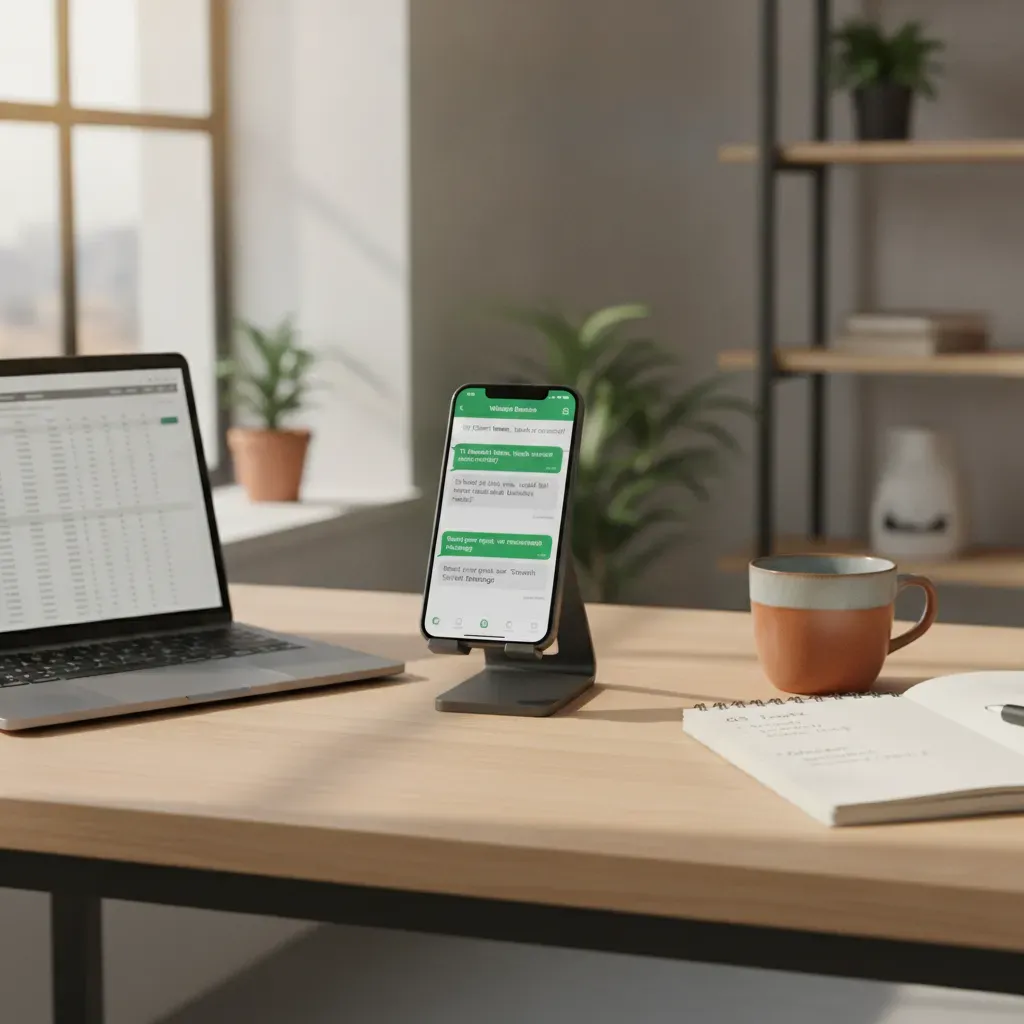 Smartphone com conversa estruturada no WhatsApp Business sobre mesa de trabalho com notebook e anotações de vendas