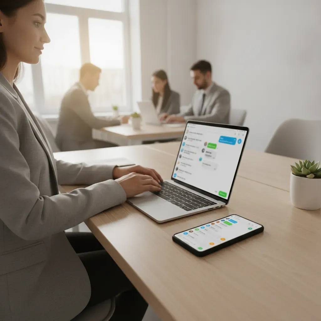 Empresário com laptop e smartphone mostrando sistema de atendimento WhatsApp com múltiplas conversas e etiquetas organizadas