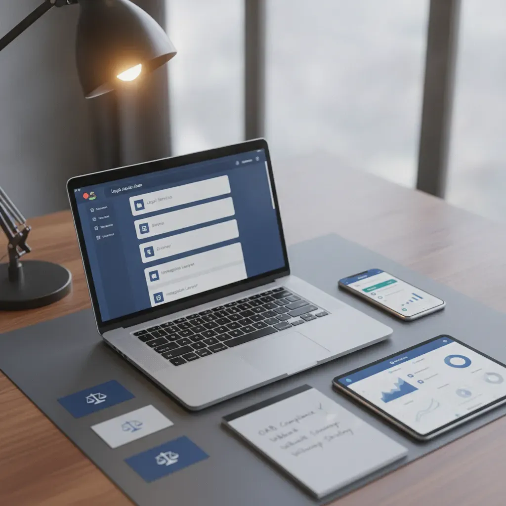 Computador com interface do Google Ads, smartphone com WhatsApp e tablet mostrando dashboard de conversões sobre mesa de escritório com iluminação profissional
