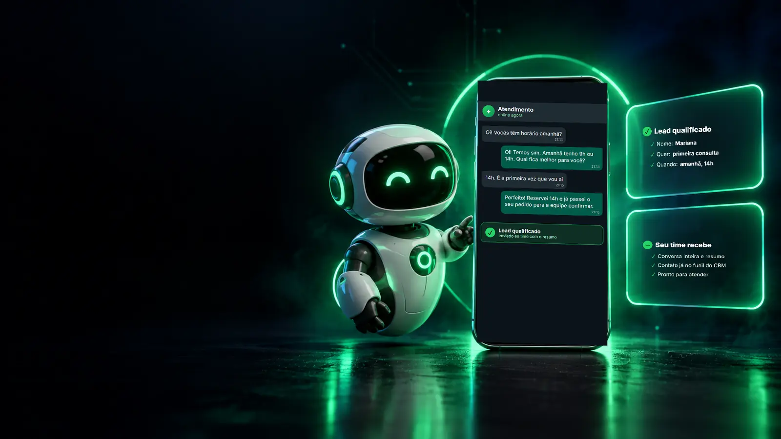 Agente de IA atendendo uma conversa de WhatsApp e entregando o contato qualificado para a equipe