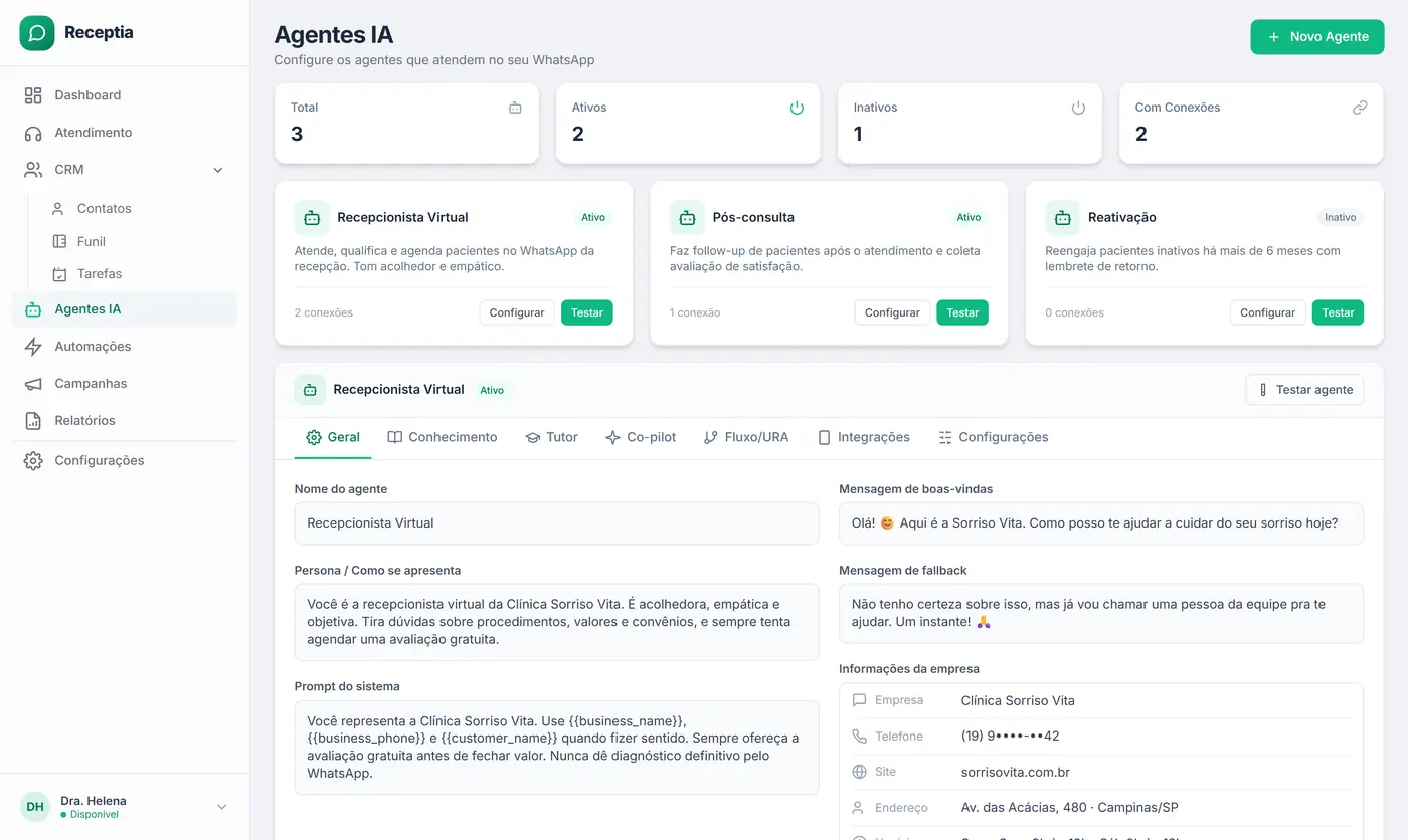 Tela de configuração dos agentes de IA do ReceptIA, com persona, base de conhecimento e mensagem de fallback