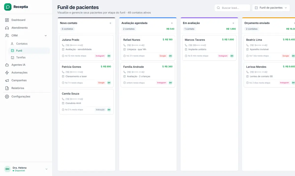 Funil do CRM do ReceptIA com os contatos por etapa e a origem de cada um