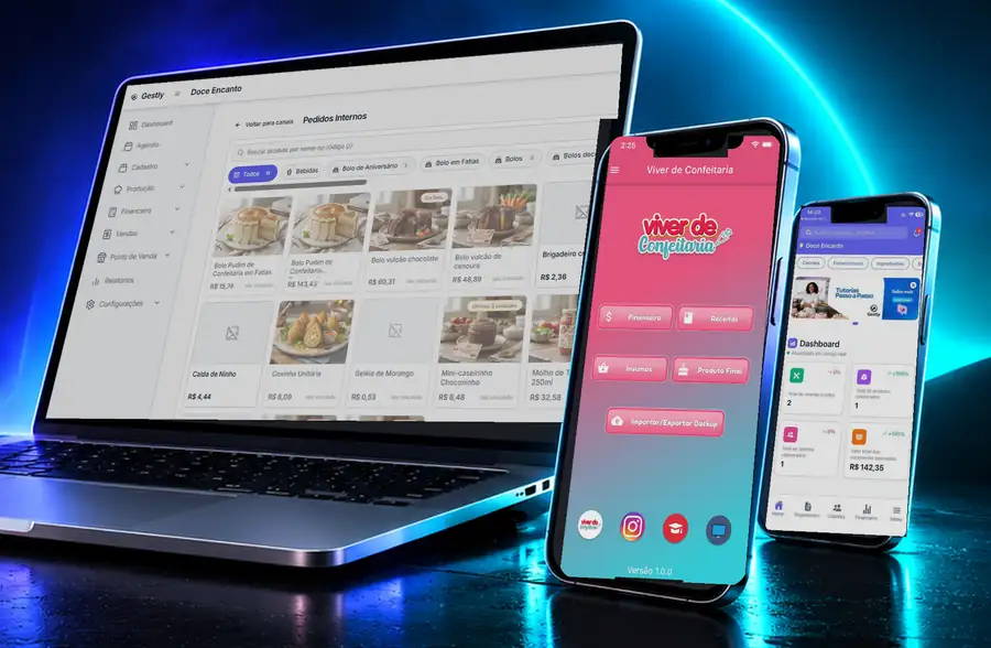 Sistema web e aplicativos desenvolvidos pela AEF abertos no notebook e em dois celulares