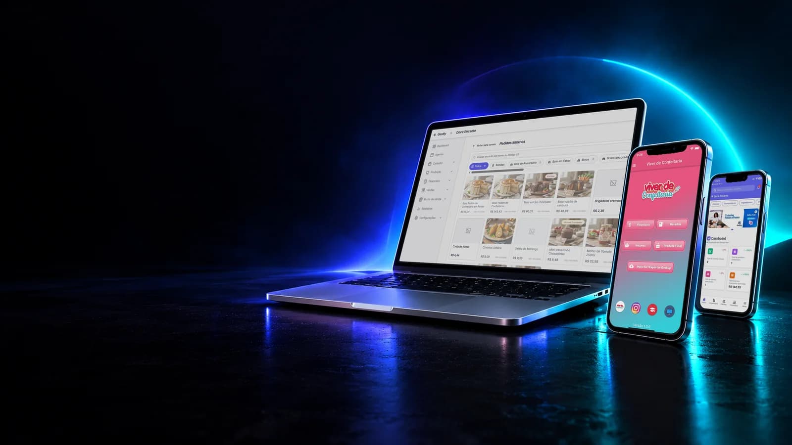 Sistema web e aplicativos desenvolvidos pela AEF abertos no notebook e em dois celulares