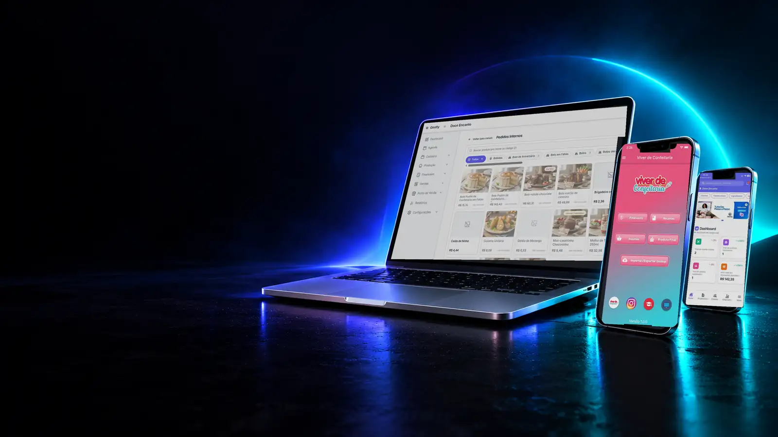Sistema web e aplicativos desenvolvidos pela AEF abertos no notebook e em dois celulares