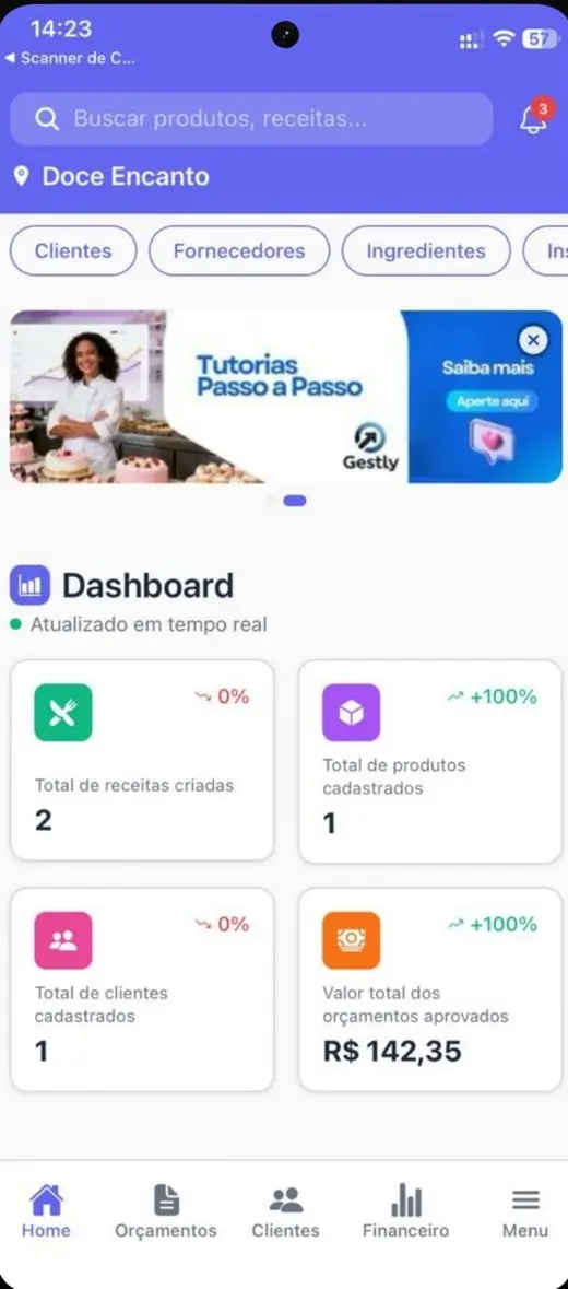 Gestly: painel do aplicativo com receitas, produtos, clientes e orçamentos