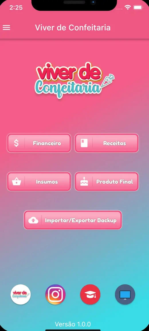 Aplicativo Gestão Viver de Confeitaria: tela inicial com financeiro, receitas, insumos e produto final