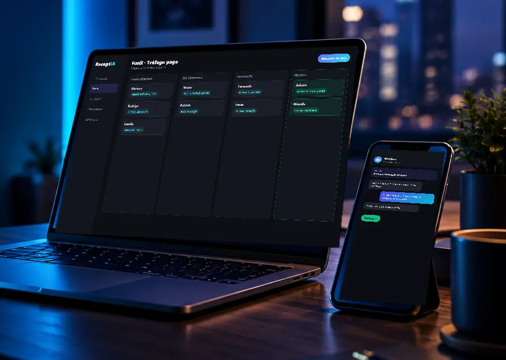 Painel do CRM de WhatsApp ReceptIA mostrando de qual anúncio veio cada oportunidade do funil de tráfego pago