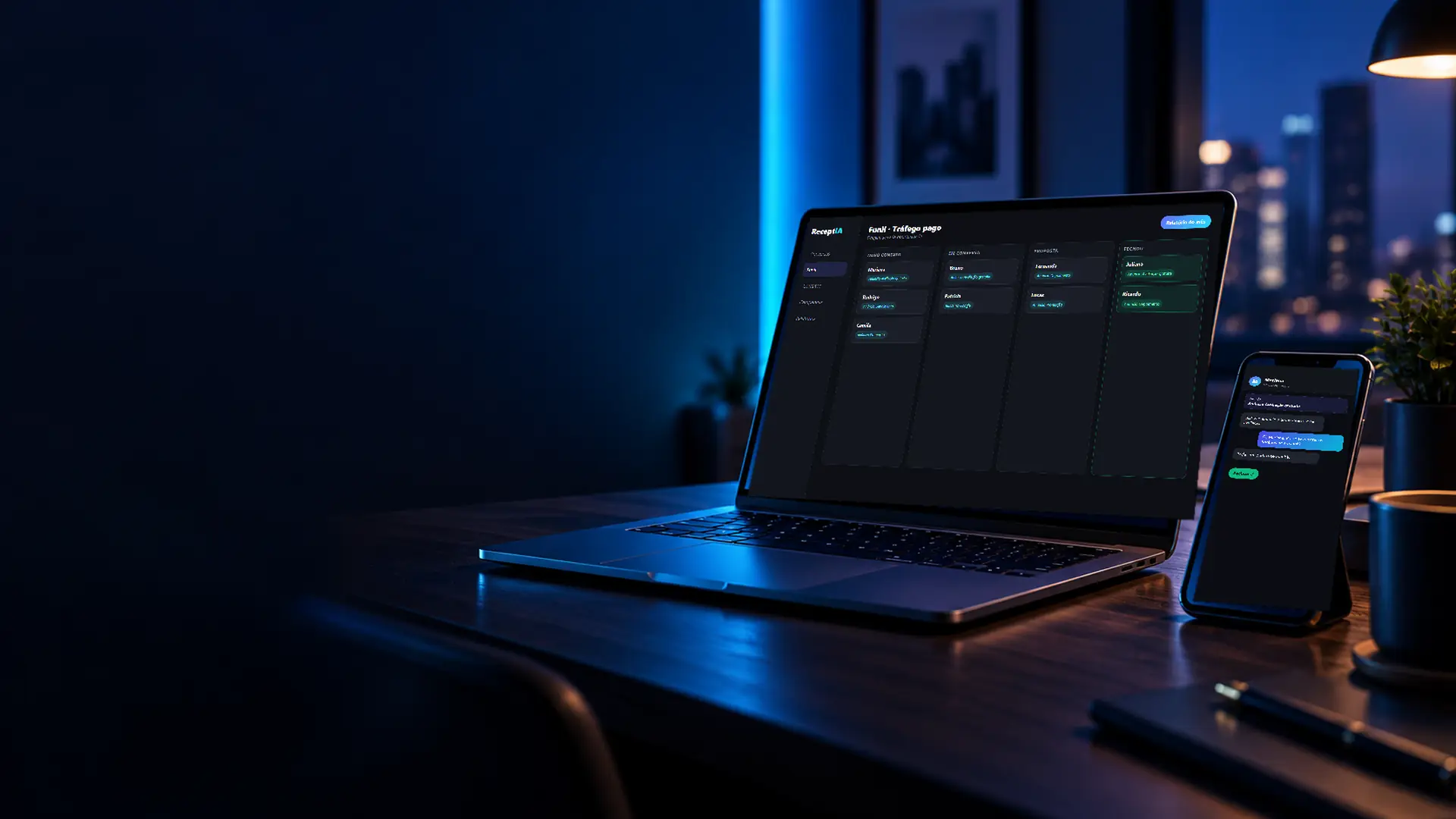 Painel do CRM de WhatsApp ReceptIA mostrando de qual anúncio veio cada oportunidade do funil de tráfego pago