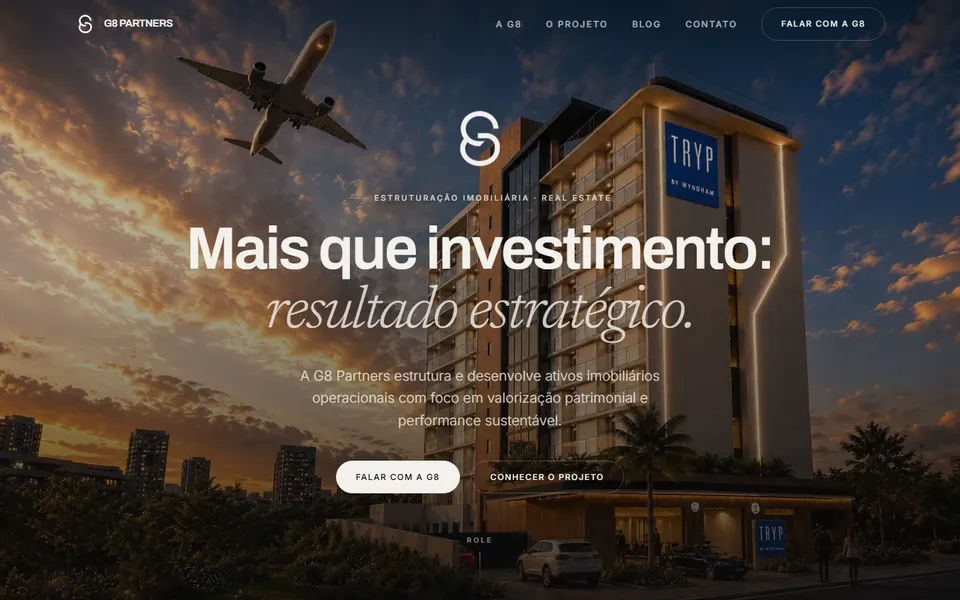 Página inicial do site g8partners.com.br, feito pela AEF Digital (Investimento imobiliário)