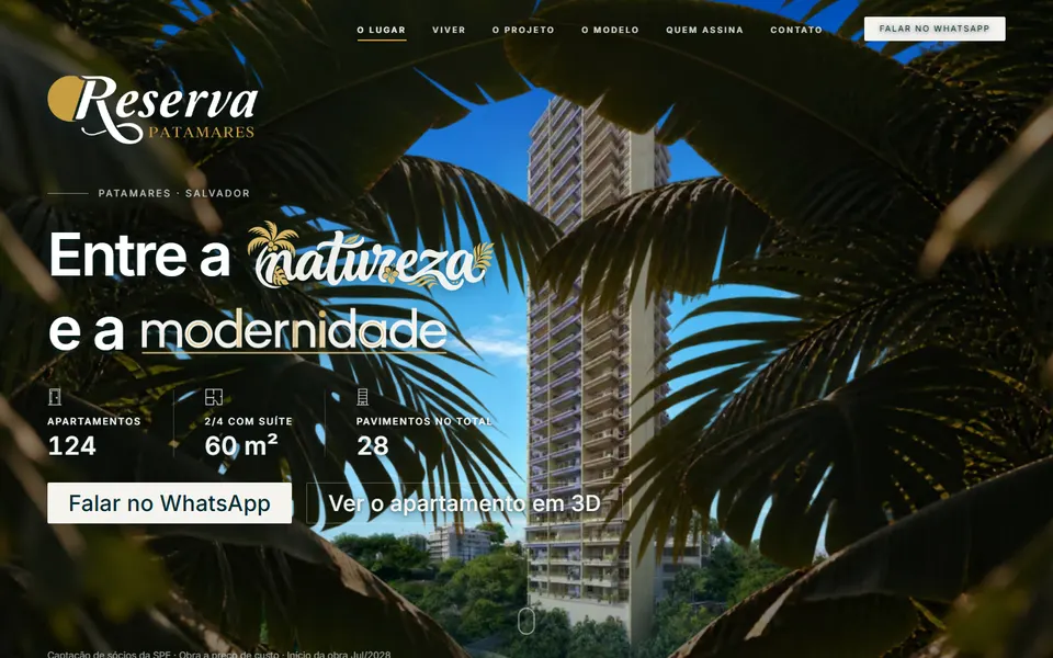 Página inicial do site Reserva Patamares, feito pela AEF Digital (Lançamento imobiliário)